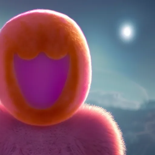 Image similar to an alien with a face that looks like a fuzzy peach the peach is fuzzy pink warm and ripe the alien has horns and a mean smile, 4k, highly detailed, high quality, amazing, high particle effects, glowing, majestic, soft lighting