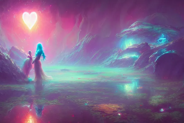 Prompt: a psychedelic realm made entirely out of love and acceptance, astral beings sharing love!!!!, in the style of greg rutkowski! and wlop and lisa frank! and bob ross!!! and ruan jia, illustration, epic, fantasy, hyper detailed, smooth, unreal engine, sharp focus, ray tracing