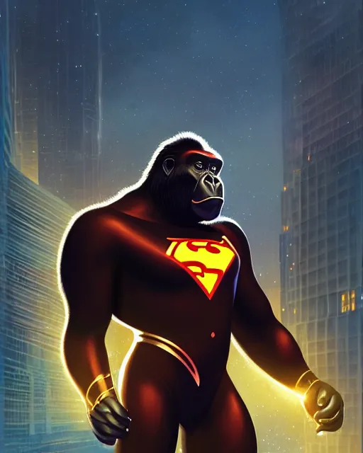 Image similar to gorilla bodied elon musk superhero, glam, power, glowing lights intricate, elegant, highly detailed, digital painting, artstation, concept art, smooth, sharp focus, illustration, art by artgerm and greg rutkowski and fra angelico and unreal engine 5