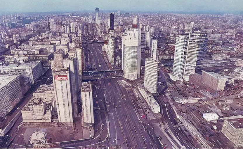 Image similar to high quality 2000s historic footage of soviet boulevard with stanilist style high rise and pedestrians, aerial photo drone, Cinestill 800t movie still, heavy grainy picture, very detailed, high quality, 4k panoramic