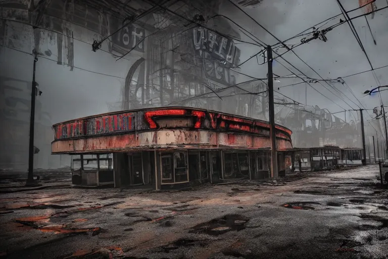 Image similar to low wide angle shot of dilapidated fallout 5, desolate, dilapidated neon signs, few rusted retro futuristic vintage parked vehicles like cars, ( ( ( buses, trucks, trams ) ) ), volumetric lighting, photorealistic, foggy, rain daytime, autumn, overcast weather, sharp focus, ultra detailed, 4 0 0 0 k