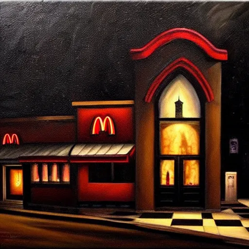 Prompt: dark, gothic, vampire, mcdonalds restaurant, oil painting