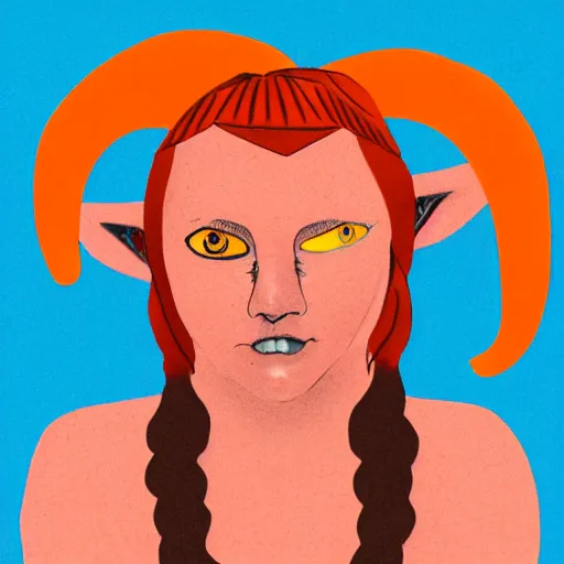 Image similar to illustrated portrait of ugly ram-horned woman with orange skin and blue hair