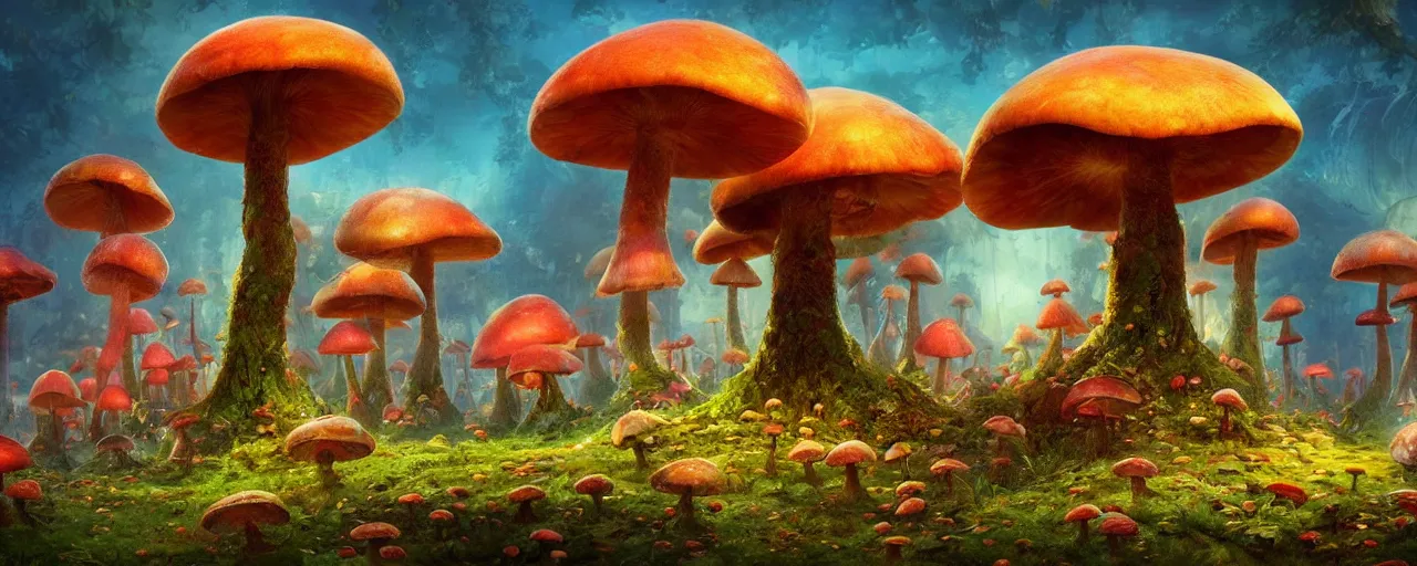 Prompt: ” whimsical world of giant mushrooms, flowers, trees, twisted roots and happiness, [ by paul lehr, cinematic, detailed, epic, widescreen, opening, establishing, mattepainting, photorealistic, realistic textures, octane render ] ”