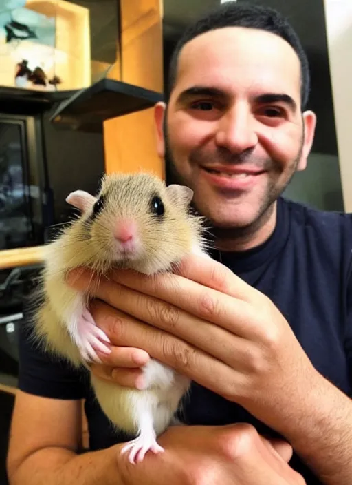 Prompt: eyal golan holding a hamster