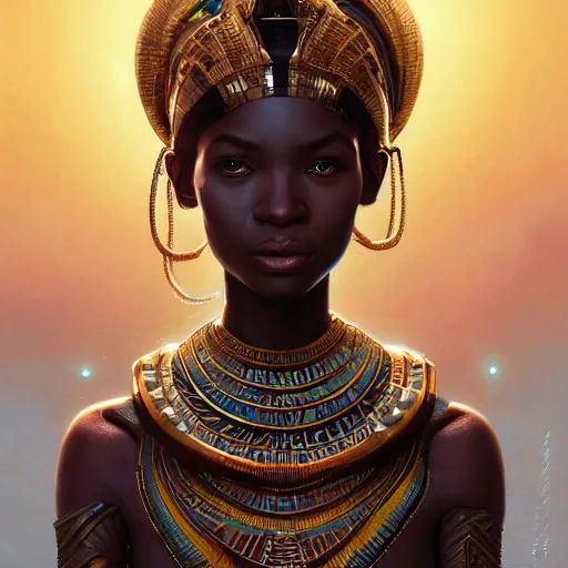 Image similar to highly detailed portrait of an african egyptian goddess, intricate alien technology, stephen bliss, unreal engine, fantasy art by greg rutkowski, loish, rhads, ferdinand knab, makoto shinkai and lois van baarle, ilya kuvshinov, rossdraws, tom bagshaw, global illumination, radiant light, detailed and intricate environment