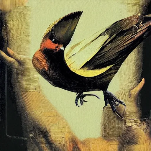 Image similar to the progressive rasterization of a bird from mechanical being to pixels, oil on canvas by dave mckean and ivan shishkin