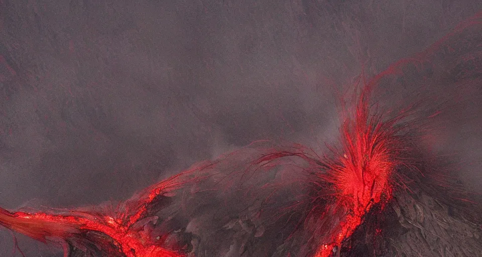 Image similar to a volcano made of ivory vines and crimson rocks enters in eruption, it spits a smoke in the shape of demonic eye, by Yoshitaka Amano,