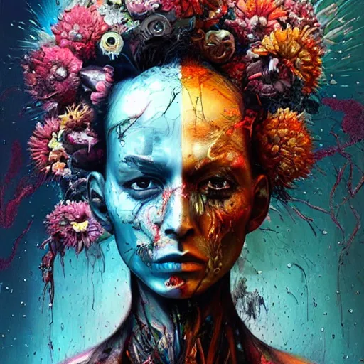 Image similar to art portrait of an android with flowers exploding out of head, decaying ,8k,by tristan eaton,Stanley Artgermm,Tom Bagshaw,Greg Rutkowski,Carne Griffiths, Ayami Kojima, Beksinski, Giger,trending on DeviantArt,face enhance,hyper detailed,cityscape background,cybernetic, android, blade runner,full of colour,