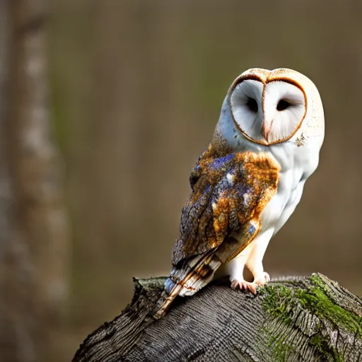 Image similar to ”A barn owl sitting on a Nike shoe standing on a birch stump, 4K, Sigma 55”