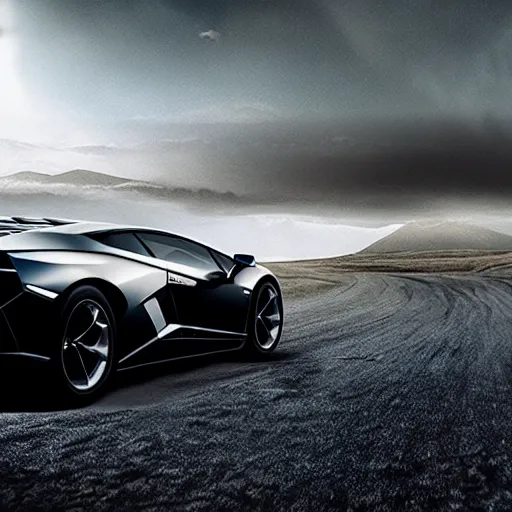 Image similar to A cinematic film still of a futuristic Lamborghini in the movie Interstellar.