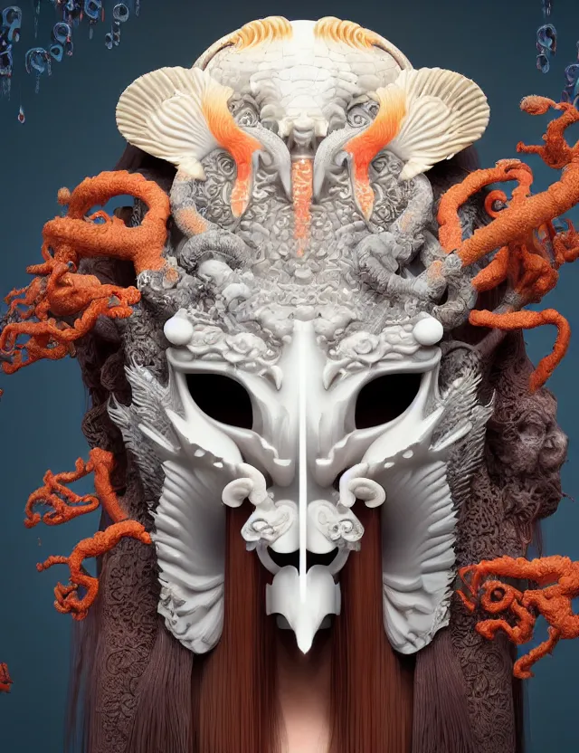 Image similar to 3 d goddess close - up frontal portrait with ram skull. beautiful intricately detailed japanese crow kitsune mask and clasical japanese kimono. betta fish, jellyfish phoenix, bio luminescent, plasma, ice, water, wind, creature, artwork by tooth wu and wlop and beeple and greg rutkowski