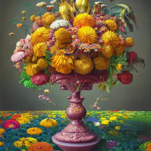 Image similar to hyper detailed illustration like a Oil painting - a vivid exotic flower bouquet, long petals, huge blossoms, by Jacek Yerka, Mariusz Lewandowski, Masterpiece, Edward Hopper and James Gilleard, Zdzislaw Beksinski, Mark Ryden, Wolfgang Lettl, hints of Yayoi Kasuma, octane render, 8k