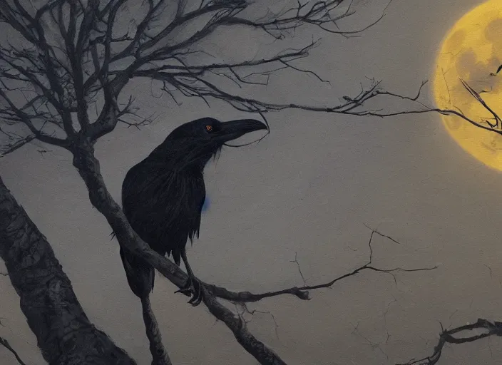 Image similar to a hyper-detailed oil portrait of a crow on a tree in front of the full big moon; an extraordinary masterpiece!!!; flawless; proud posture; photorealistic eyes; trending on artstation; f/1.4; 90mm