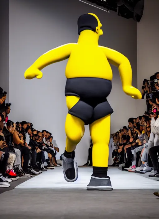 Image similar to hyperrealistic and heavy detailed air jordan runway show of homer simpson, leica sl 2 5 0 mm, vivid color, high quality, high textured, real life