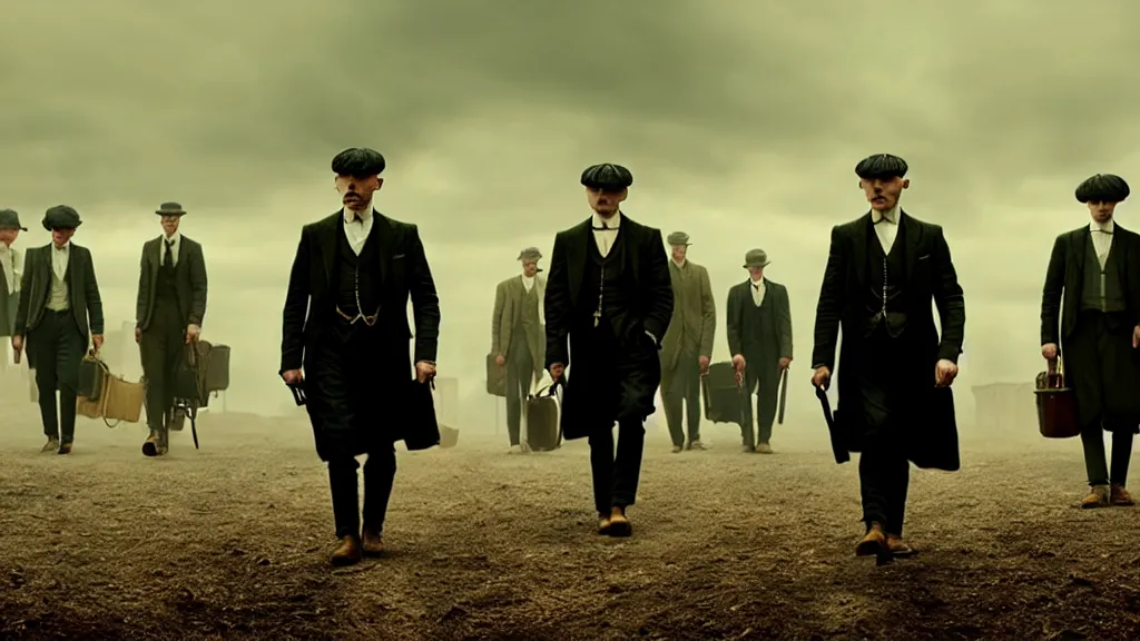 Prompt: the peaky blinders in form of peanuts, film still from the movie directed by denis villeneuve with art direction by zdzis