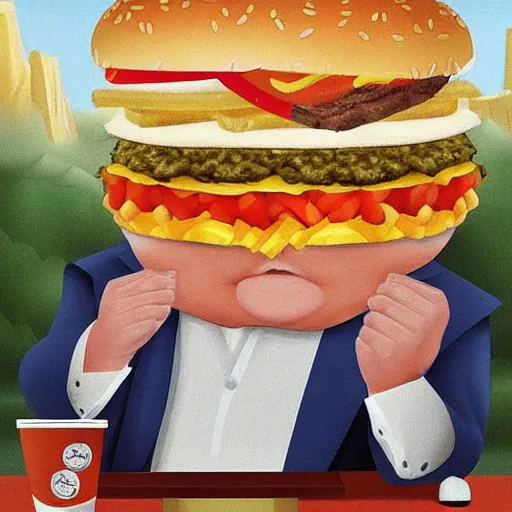 Prompt: Donald trump is gigantic and morbidly obese, he’s sitting on a mountain of cheeseburgers and French fries, hyperrealistic photo, highly detailed award-winning photography