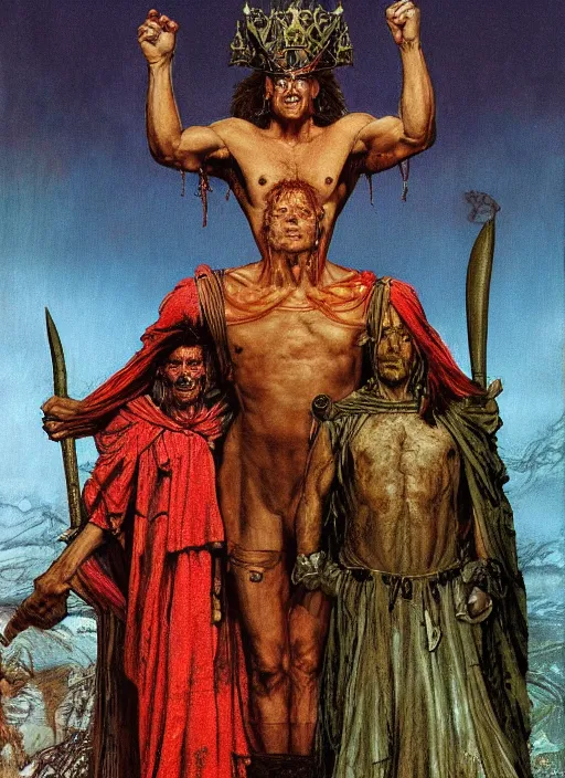 Prompt: upper body and head portrait of craig fairbrass as mutant god wearing robes and a crown, dystopian, by lawrence alma tadema and zdzislaw beksinski and norman rockwell and jack kirby and tom lovell and greg staples