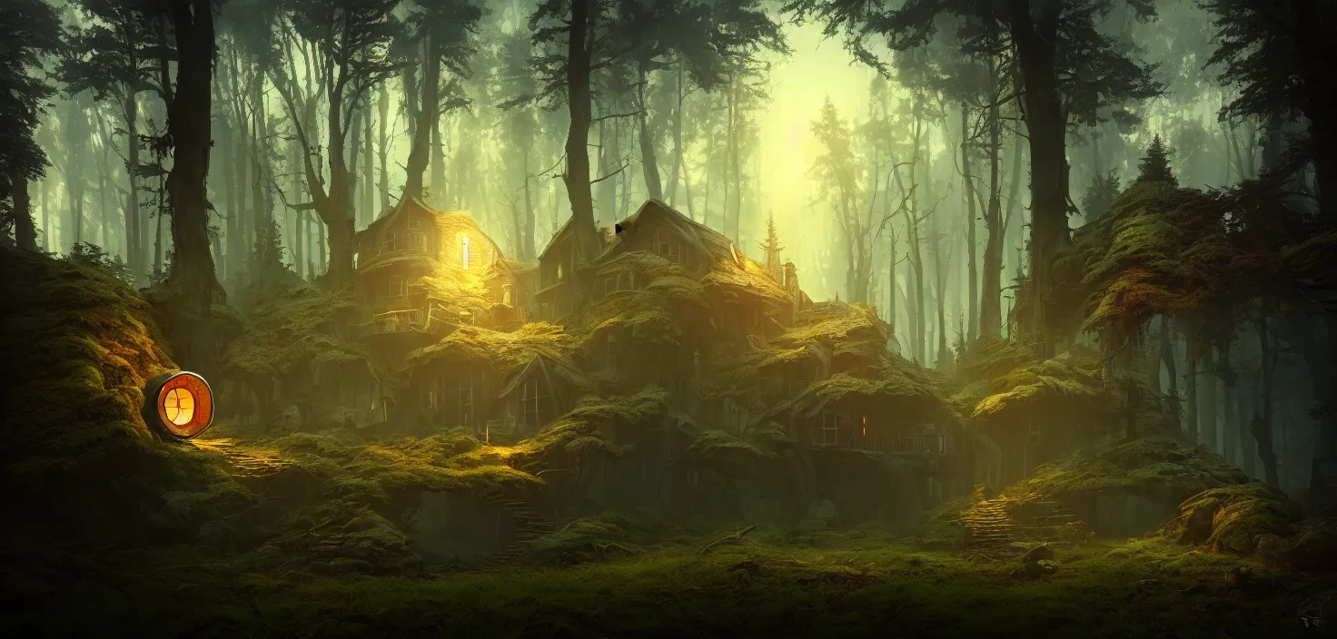 Image similar to random scary forest house landscape, round glowing portal, incredible, vector art, octane render, fabulous, hyper detailed, random cinematic view, no noise, global illumination, warm lighting, volumetric, godrays, vivid, beautiful, by jordan grimmer