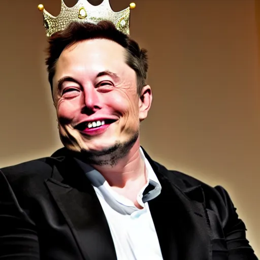Prompt: elon musk wearing a crown and smiling, hd photo