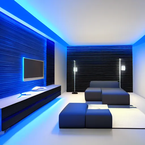 Image similar to futuristic looking living room, dark with blue neon lights, contrasted, dark floor, octane render