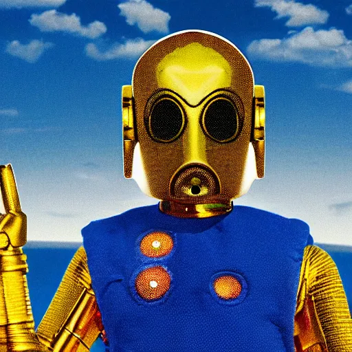 Image similar to entire body portrait of Simpson as C3PO in star wars, background blue sky puffy clouds cinematic 4k