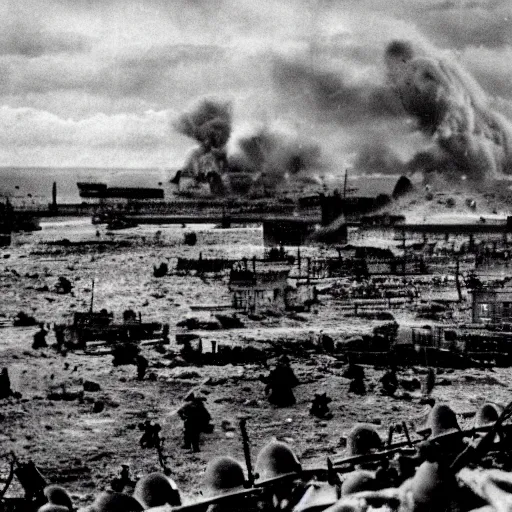 Prompt: photo of d-day, world war 2, large explosion in distance, war, cinematic, gritty, grainy