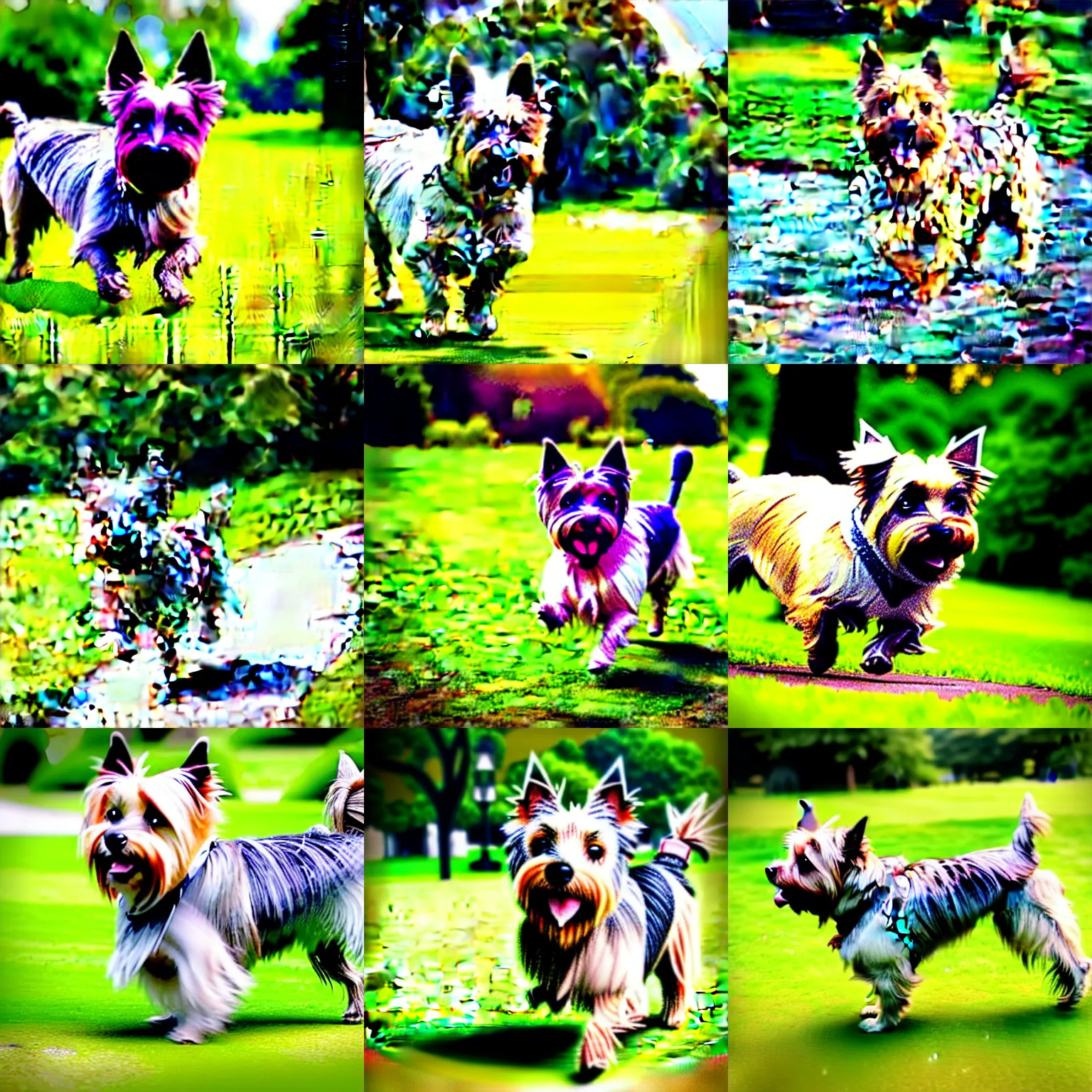 Prompt: a happy cairn terrier walking around a park