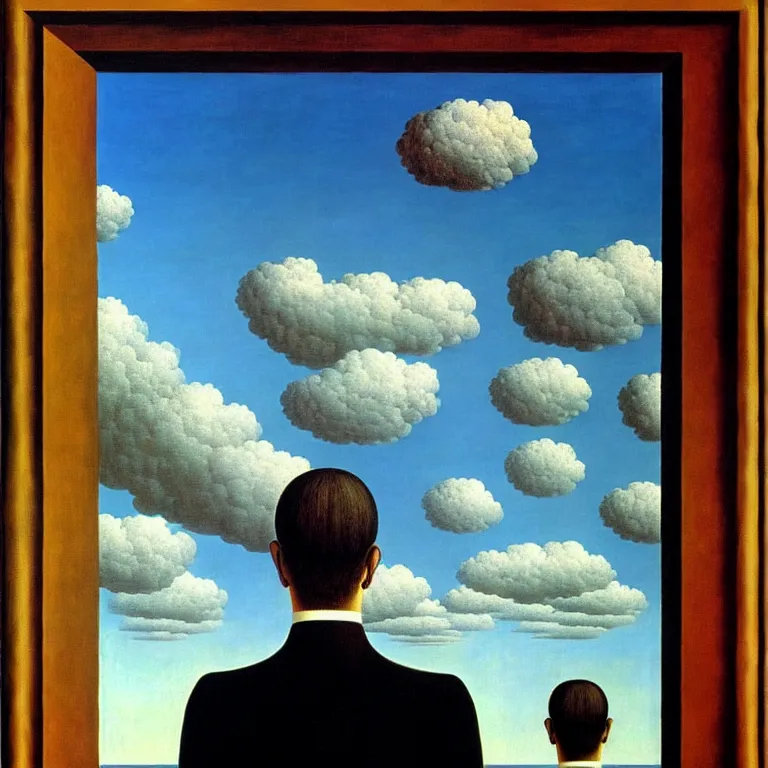 Image similar to a man looks into his own reflection and sees nothing, by rene magritte and salvador dali, surreal, oil on canvas, hyper detailed, vivid