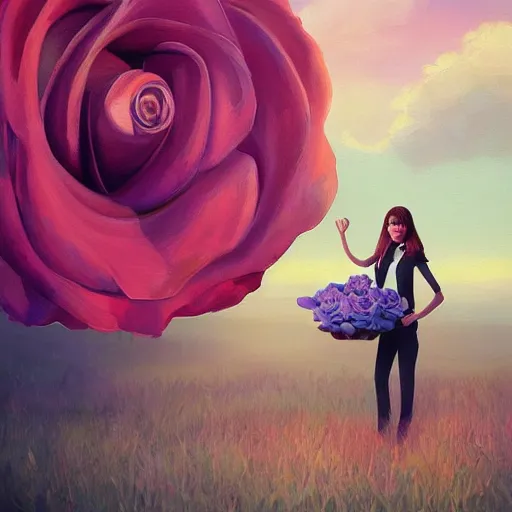 Image similar to portrait, giant rose flower head, girl in a suit, surreal photography, sunrise, blue sky, dramatic light, impressionist painting, digital painting, artstation, simon stalenhag