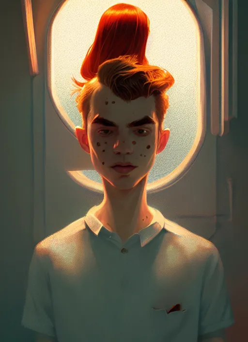 Image similar to portrait of archie andrews, freckles, intricate, elegant, glowing lights, highly detailed, digital painting, artstation, concept art, smooth, sharp focus, illustration, art by wlop, mars ravelo and greg rutkowski