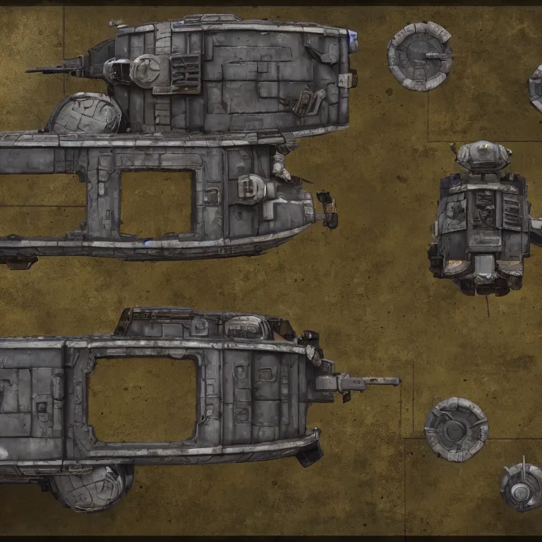 Prompt: overhead view, digital painted rusted dieselpunk tank game asset sheet, turn - based strategy, 2 - minute tabletop, battle map prop, black background, unity asset store, by greg rutkowski, trending on artstation