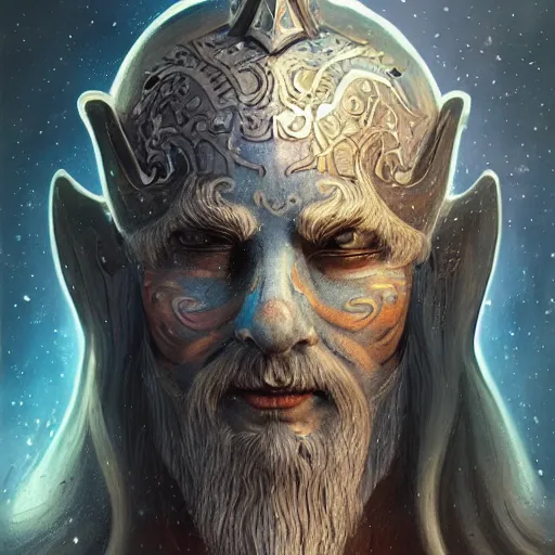 Image similar to an Artstation 3d render of Very very very very highly detailed beautiful mystic head of a phantom warrior with galaxy, tattoos by Anton Pieck, intricate, extremely detailed, digital painting, artstation, concept art, smooth, sharp focus, illustration, intimidating lighting, incredible art,