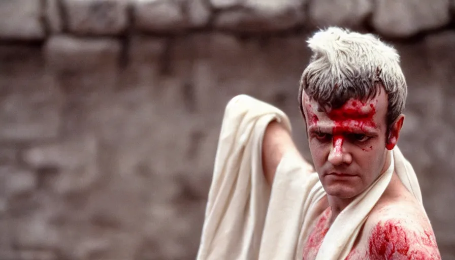 Image similar to 1 9 6 0 s movie still close - up of caligula in a white toga bleeding heavy on ancient amphitheater, cinestill 8 0 0 t 3 5 mm, high quality, heavy grain, high detail, dramatic light, anamorphic