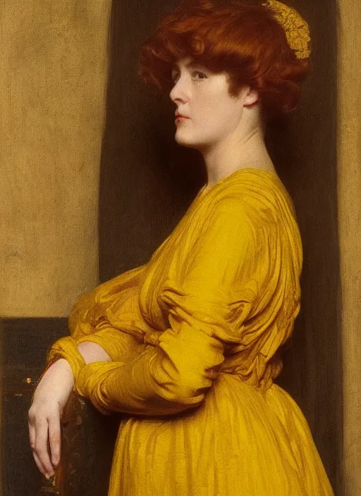 Image similar to portrait of jemma channing, wearing yellow ochre, preraphaelite colour photography by frederic leighton, 8 k