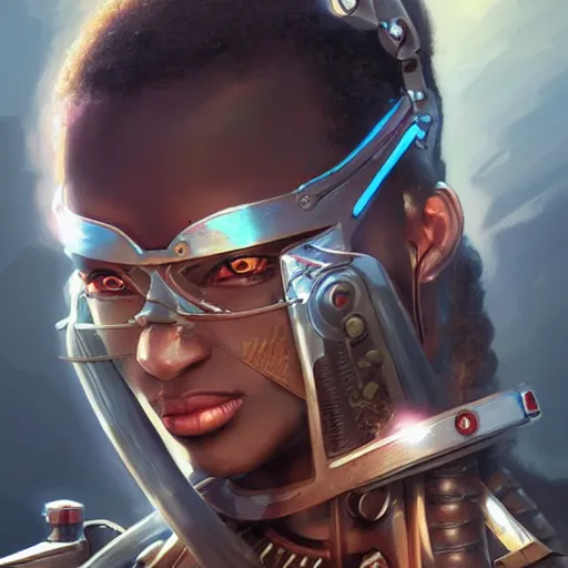 Image similar to african dieselpunk warlord, science fiction, highly detailed, digital painting, beautiful eyes, symmetry, concept art, sharp focus, illustration, global illumination, radiant light, detailed and intricate environment, art by artgerm and greg rutkowski and magali villeneuve and ilya kuvshinov!