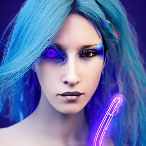 Prompt: a portrait of a cyberpunk woman, blue neon hair, hyperdetailed, rtx, hdr, 3 d render, octabe render, 8 k.