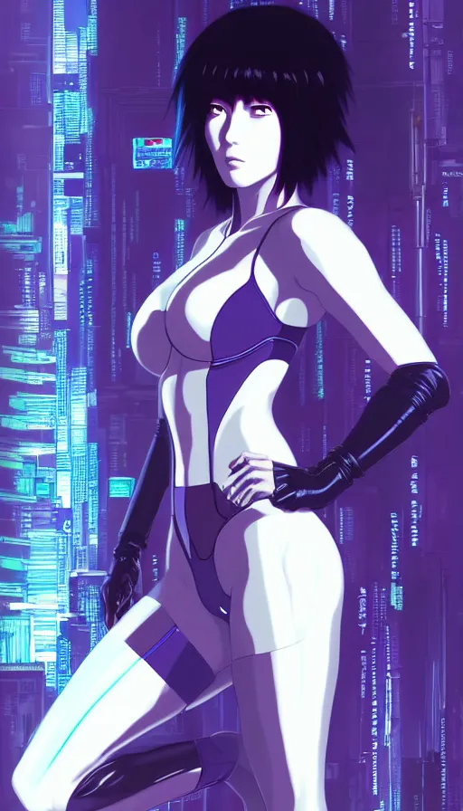 Image similar to a still fullbody portrait of motoko kusanagi ghost in the shell, finely detailed features, closeup at the faces, perfect art, at a cyberpunk city, gapmoe yandere grimdark, trending on pixiv fanbox, by ilya kuvshinov, rossdraws, artgerm