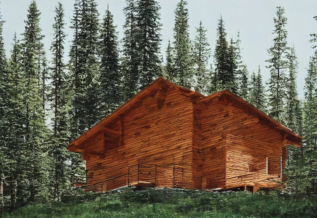 Prompt: a modern large wooden cabin on top of a hill with trees. mountains in the background, photorealistic, portra 4 0 0, high detail