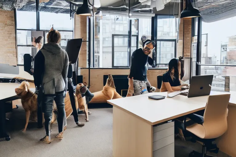 Prompt: pets are working in co - working spaces or modern offices, no people