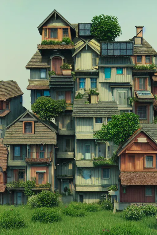 Image similar to stacked houses, solarpunk, studio ghibli, jean - baptiste monge, octane render, 4 k