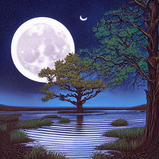 Image similar to This painting has such a feeling of peace and serenity. The tree is so still and calm, despite the wind blowing around it. The moonlight casts a soft glow over everything and the starts seem to be winking at you... by Dan Mumford