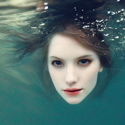 Image similar to pale face lying under the water, water lilys, cinematic, shallow depth of field, atmospheric, ultra high detail, somber colors, close up of face, trending on artstation