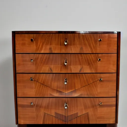 Prompt: realistic photo of an art deco chest of drawers with cabriole legs, walnut wood inlaid with maple accents