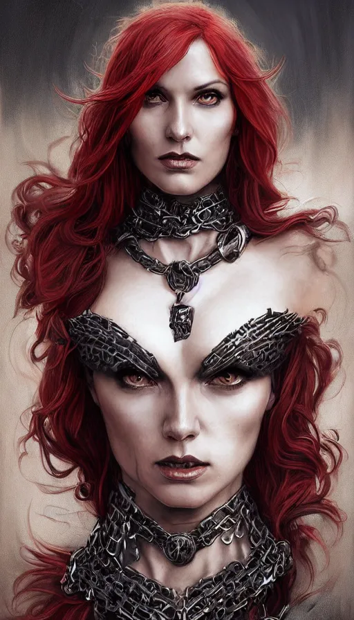 Image similar to portrait of elegant Red Sonja, dark and ethereal, expressive pose, flaxible, angry expression, chainmail, fantasy, intricate, dark desert background, dune high fashion, fantasy, intricate highly detailed, digital painting, artstation, concept art, smooth, sharp focus, illustration, art by artgerm and greg rutkowski and alphonse mucha