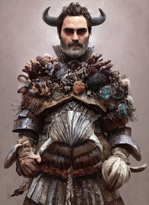 Image similar to digital painting of joaquin phoenix with an armor made of animals, cow horns, pig nose, sheep wool, chicken feather armor, majestic, by anna podedworna, by miklos ligeti, by diego maricato, by taran fiddler, by antonino truisi, by chris reddie, by jinsung lim, trending on artstation