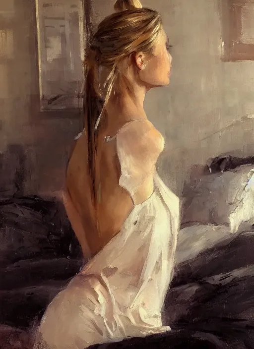 Image similar to beautiful portrait painting of a woman with a ponytail posing in an artistic pose over a bed, by jeremy mann, only one head single portrait