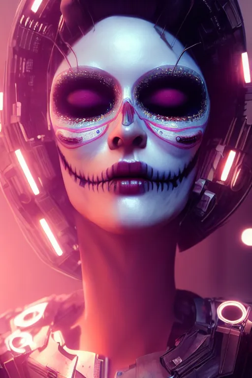 Prompt: beautiful android woman, crying eyes closed!, sharp, photorealistic cinematic, 3 d model, cyborg, postcyberpunk, blade runner, octane render, concept art, vogue, 8 k, intricate detailed environment el dia los muertos. by tim walker, artgerm and kuciara