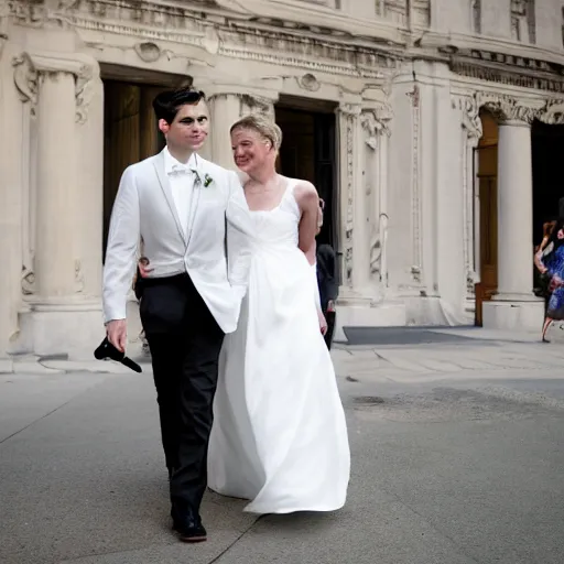 Prompt: ben shapiro wearing a white wedding gown, hd candid photography