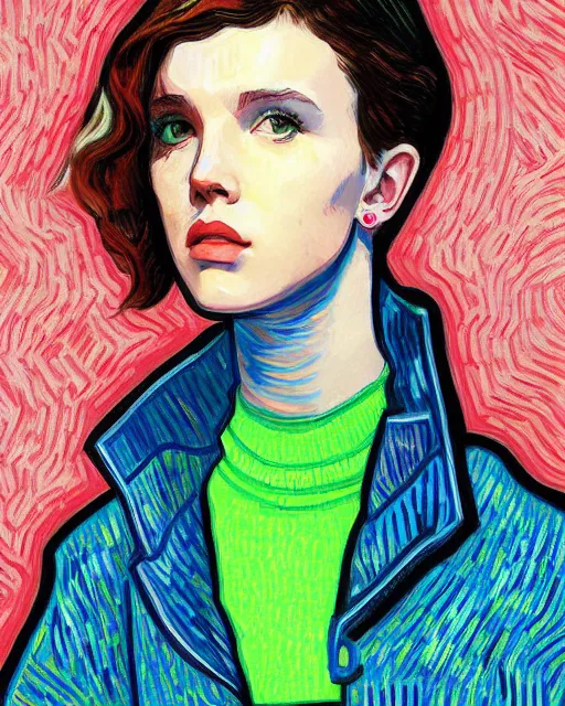 Image similar to portrait of cyberpunk millie bobby brown by vincent van gogh, digital art